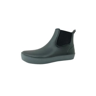 Sleek black ankle rain boot with elastic side panels on a white background.