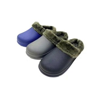 Three pairs of corduroy winter slippers in blue, gray and purple with soft fleece linings.
