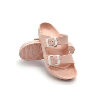 A pair of pale pink sandals with two adjustable straps and white buckles, displayed at an angle against a white background.