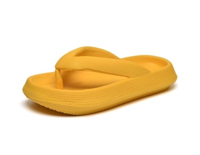 A pair of yellow cloud flip flops