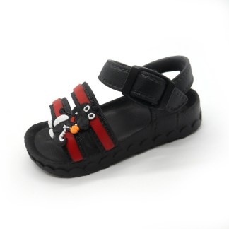 Children's black sandals with adjustable straps and a cute cartoon-themed embellishment on the front, offering both style and comfort.