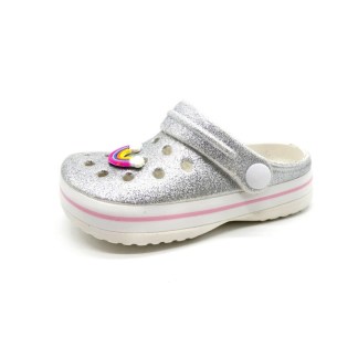 grey kids' glitter adjustable strap clogs
