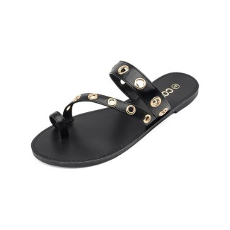 HEVA DTD – PU Flat Sandals with Decorative Metal Rings Black