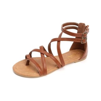 HEVA DTD - PU Strappy Flat Sandals with Crisscross Design Brown