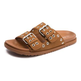 HEVA - Studded Detail Adjustable Strap Flat Foot Slippers Dark Brown