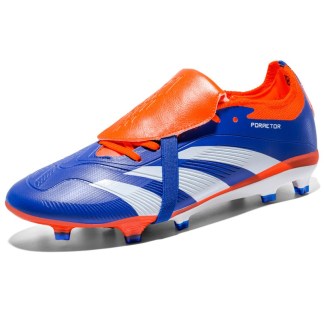 Laceless soccer cleats featuring a bold strap design and sleek upper with contrasting stripes.