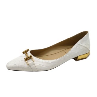 Elegant white flat shoe with a crocodile skin texture and a gold buckle, featuring a gold accent on the heel on a white background.