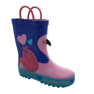 Pink and blue children's rain boot with a flamingo design and 'FLAMAZING' text around the sole on a white background.