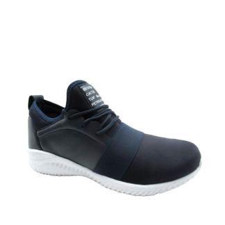 A single black athletic shoe with a white sole and a label on the tongue.