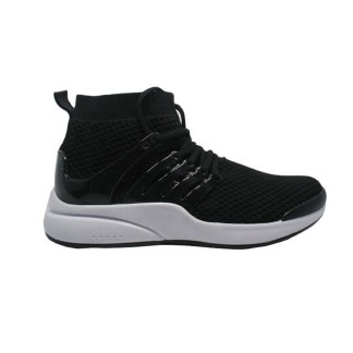 Black high-top athletic sneaker with black sole.