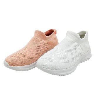 Set of two knit slip-on shoes in pink and white.