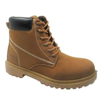 A tan suede work boot with laces and stitched detailing.