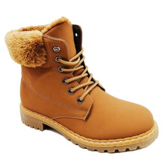 A tan winter boot with fluffy lining and rugged laces.