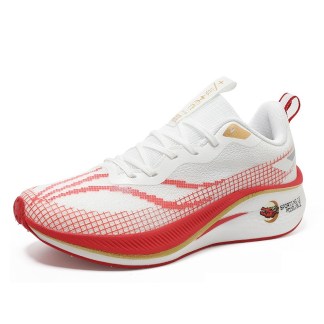 White red ultra-light running shoe with flyknit mesh upper and carbon plate, featuring a streamlined design.