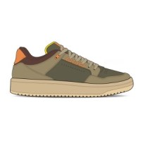 A design sketch of a casual sneaker with an olive green upper, brown accents, and a beige sole.