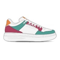 A design sketch of a white sneaker with vibrant teal, red, and orange accents and a white sole.