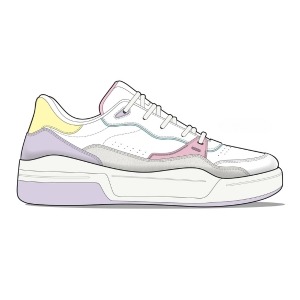 A design sketch of a white sneaker with pastel pink, yellow, and purple accents and a thick white sole.