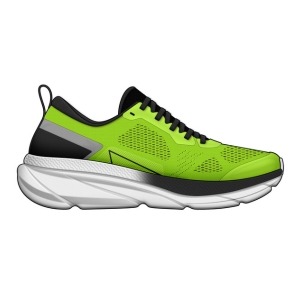 A design sketch of a bright green athletic sneaker with a thick white sole and black accents.
