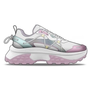 A design sketch of a chunky sneaker with a white base, pastel purple, pink, and blue accents, and a thick sole.