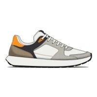 A design sketch of a sleek athletic sneaker with a white, grey, and black color scheme, and orange accents.