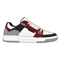 A design sketch of a white sneaker with black, red, and grey accents and a thick white sole.