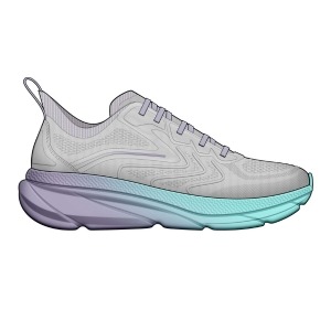 A design sketch of a grey athletic sneaker with gradient accents from purple to blue, and a thick sole.