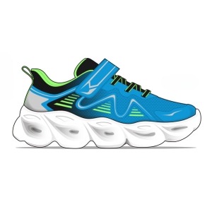 A design sketch of a vibrant blue sneaker with neon green and grey accents, a velcro strap, and a thick white sole with an exaggerated design.
