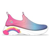 A design sketch of a vibrant slip-on sneaker featuring a gradient from pink to blue with a rainbow and stars design on the side.