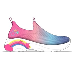 A design sketch of a vibrant slip-on sneaker featuring a gradient from pink to blue with a rainbow and stars design on the side.