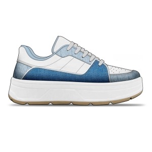 A design sketch of a casual sneaker with a blue denim-like upper and a chunky white sole.