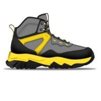 A design sketch of a rugged outdoor sneaker with a black and yellow design and a sturdy sole.