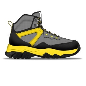 A design sketch of a rugged outdoor sneaker with a black and yellow design and a sturdy sole.