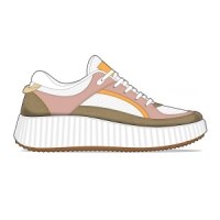 A design sketch of a sporty sneaker with a white base, pink and brown accents, and a ridged white sole.
