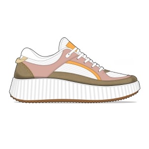 A design sketch of a sporty sneaker with a white base, pink and brown accents, and a ridged white sole.