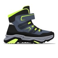 A design sketch of a high-top sneaker with a grey and neon green color scheme and velcro straps.