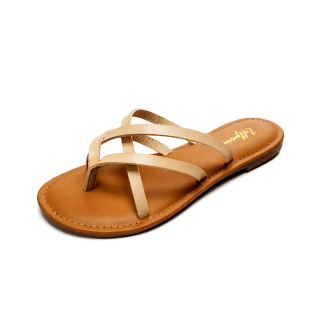 Beige strappy sandals with a multiple thin strap design and a tan footbed, viewed from the top, highlighting intricate strap layout.