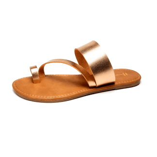 A bronze metallic strap sandal with a simple, elegant design, featuring a wide main strap and a smaller toe strap on a tan leather footbed.