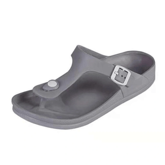 Gray single-strap sandals with a modern look, featuring a large buckle and a toe holder, shown on a plain background.